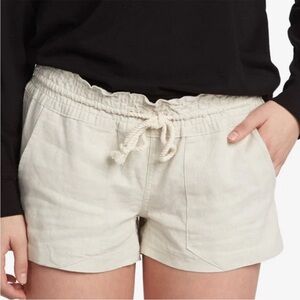 Roxy Medium Shorts Oceanside Elastic Waist Shorts Stone Linen blend Pockets NWT
